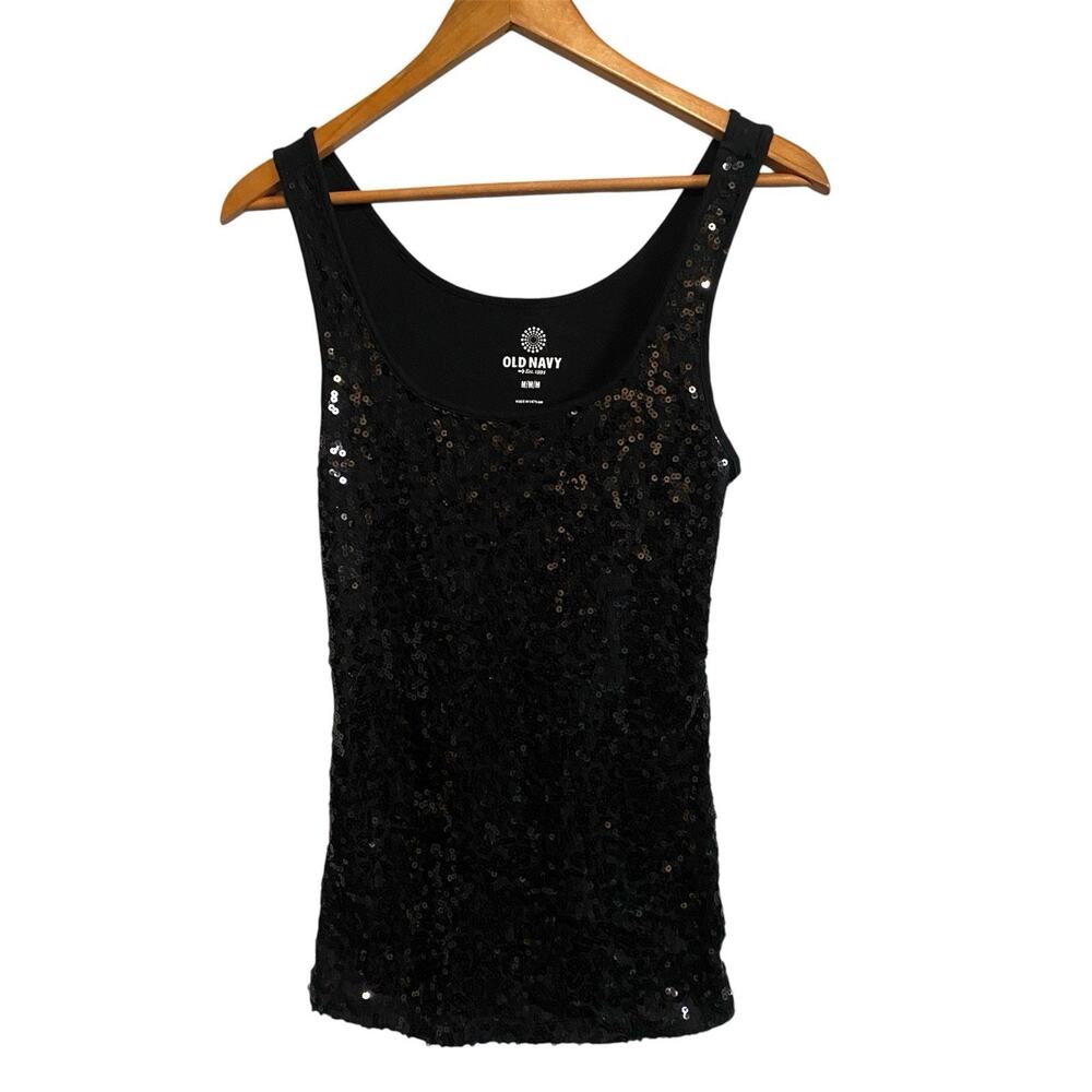 Old Navy Black Sequin Tank Top Medium Y2k Popstar Glam Hannah Montana Inspired